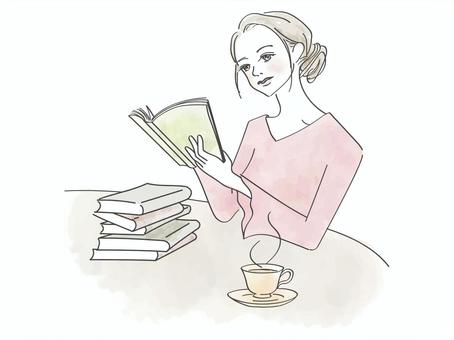 読書をする女性 読書,ティータイム,女性,お茶,本,テーブル,人物,線画,水彩,ページのイラスト素材