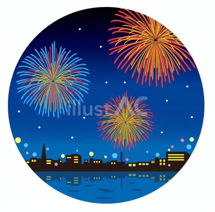 花火（街と海）01_25 夏祭り,花火,はなびのイラスト素材