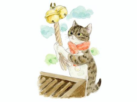 猫さんの初詣 猫,水彩,動物,手書き,挿絵,初詣,お正月のイラスト素材