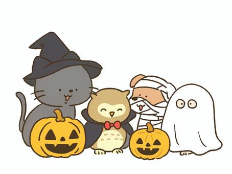 ハロウィンコスプレをする動物たち ハロウィン,コスプレ,おばけ,かぼちゃ,オバケカボチャ,黒猫,動物,猫,犬,フクロウのイラスト素材