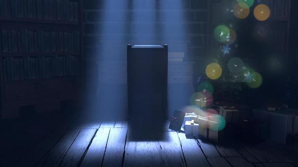 月夜の影に沈む書架と煌くクリスマスツリー クリスマス,クリスマスツリー,クリスマスイブ,オーナメント,植物,木,プレゼント,雪の結晶,装飾,金のイラスト素材