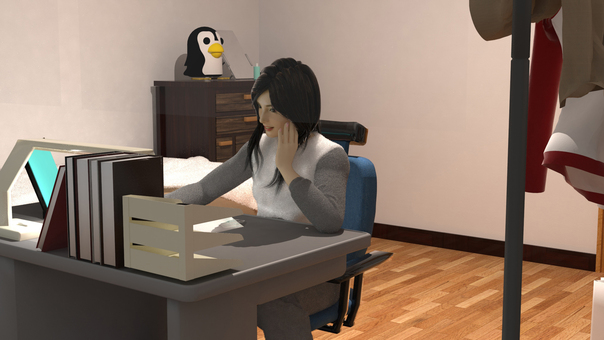 部屋1-6 人,勉強机,ぬいぐるみ,タンス,イスのイラスト素材