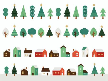 ツリーと木の街並みライン飾り罫セット ツリーと木の街並みライン飾り罫セット クリスマス,クリスマスツリー,木,街並み,ライン,12月,冬,クリスマスカラー,家,セットのイラスト素材
