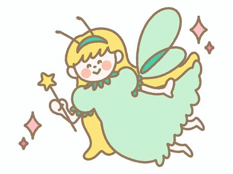 ステッキを持った妖精 妖精,ファンタジー,おとぎ話,童話,絵本,羽,ステッキ,女の子,緑,フェアリーのイラスト素材