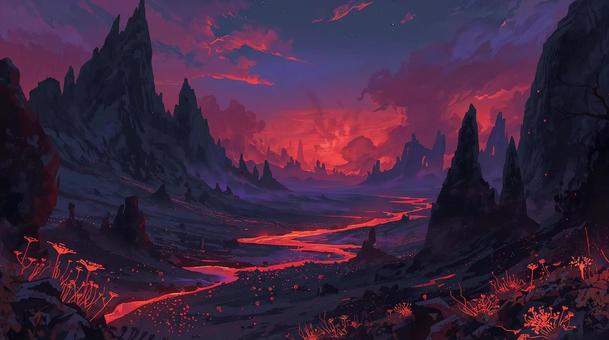 不思議な植物が咲く、ダークな異世界風景