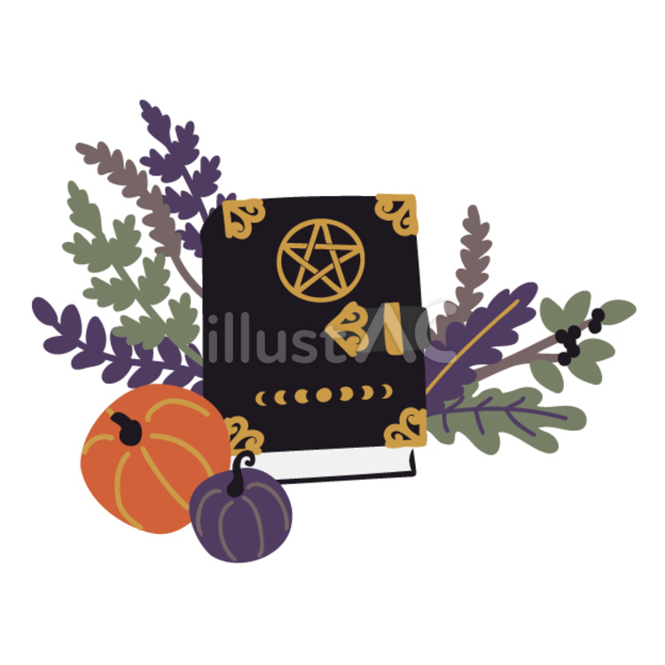 ハロウィン（魔術書、かぼちゃ、葉） ハロウィン,魔術書,かぼちゃのイラスト素材