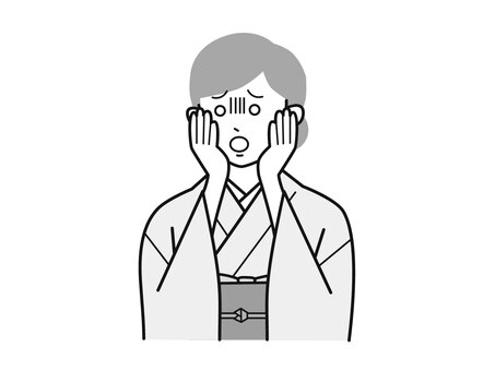 手を頬に当て青ざめる着物女性A左向／白黒 両手,頬,青ざめる,女性,お母さん,着物,講師,20代,30代,40代のイラスト素材