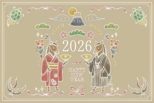 年賀状2026（035）白線画 年賀状,正月,線画,手書き,フリーハンド,シンプル,イラスト,袴,元旦,扇のイラスト素材