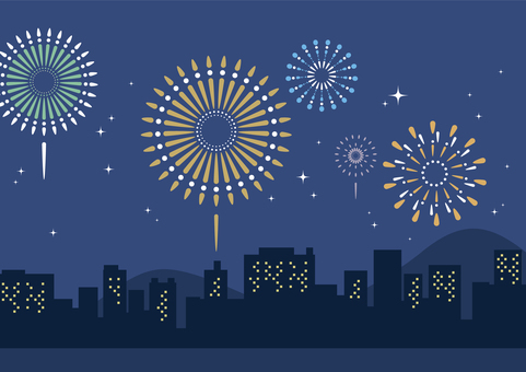 夏の夜空と花火 花火,夜景,都市シルエット,夜空,花火大会,夏のイラスト素材