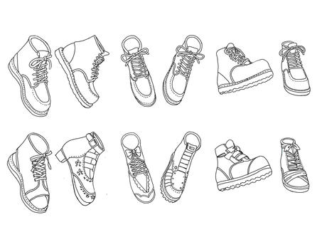 Illustration, sneakers, sandals, handwriting style, 