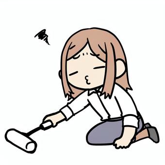 コロコロをかける不満な女性 女性,コロコロ,掃除,不満,いやいや,不本意,やりたくない,義務,役割,趣味のイラスト素材