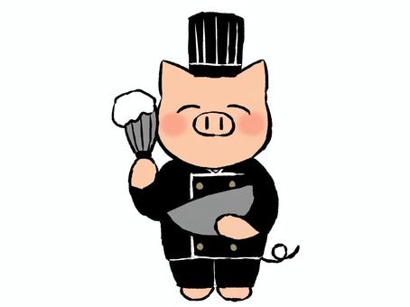 パティシエのブタさん(黒) ブタ,パティシエ,菓子作り,職業,職人,泡だて器,クリーム,黒,動物,コスチュームのイラスト素材