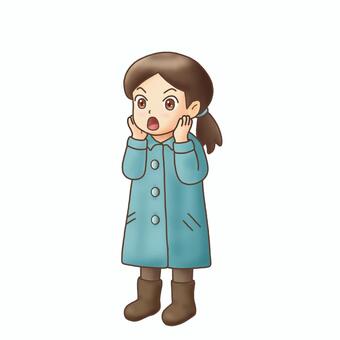 驚く女の子（冬のイラスト） 女の子,子ども,冬,冬服,コート,ブーツ,驚く,びっくり,表情,日常のイラスト素材
