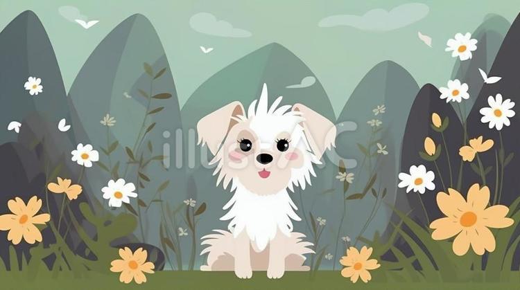 可愛い子犬ちゃんと花畑 子犬,花,かわいいのイラスト素材