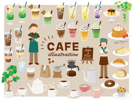 カフェ_イラストセット カフェ,コーヒー,ホットコーヒー,アイスコーヒー,飲み物,食べ物,食事,ドリンク,フラッペ,クリームソーダのイラスト素材