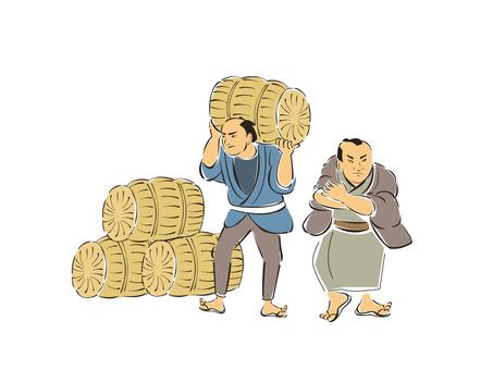 江戸時代　米俵をかつぐ人 米,年貢,江戸時代,米俵,かつぐ,江戸幕府,年貢米,商人,米屋のイラスト素材