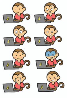 パソコンを使うサル(表情差分アリ) デフォルメ,ノートパソコン,猿,インターネット,ネットサーフィン,驚き,照れ,泣き顔,怒り,虚無のイラスト素材