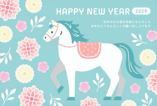 午年年賀状_08 年賀状,2026年,馬,午年,菊,梅,和柄,和風,午,テンプレートのイラスト素材