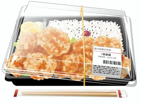 大盛りの唐揚げ弁当（蓋付き） 唐揚げ,弁当,大盛り,昼食,料理,食べ物,鶏肉,ご飯,梅干し,ごまのイラスト素材