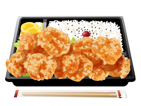 大盛りの唐揚げ弁当 唐揚げ,弁当,大盛り,昼食,料理,食べ物,鶏肉,ご飯,梅干し,ごまのイラスト素材