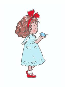 少女と青い鳥_6の2 少女,女の子,青い鳥,ワンピース,横顔,挿絵,リボン,くせ毛,カーリーヘアのイラスト素材