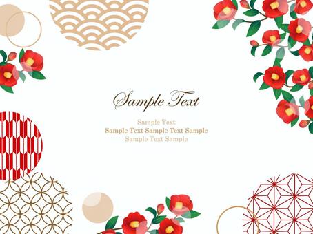 和柄、椿の花のフレーム、背景01 椿,和柄,和風,フレーム,背景,水彩,寒椿,花,冬,枝のイラスト素材