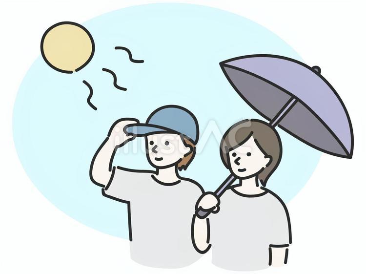 晴れの日に帽子を被る人と日傘をさす人 帽子,日傘,太陽のイラスト素材