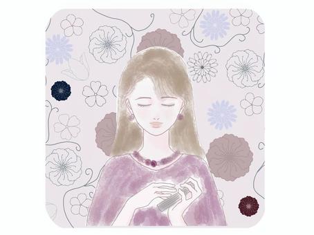 占い師と花柄背景　アイコン タロットカード,占い師,女性,花,花柄,背景,四角枠,カード,正面,バストアップのイラスト素材