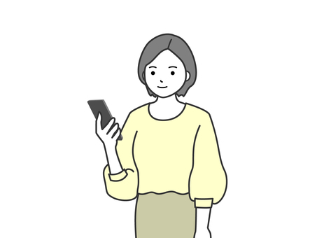 スマホを見ている大人の女性 スマホ,携帯,女性,片手スマホ,見る,笑顔,微笑む,携帯電話,スマートフォン,人物のイラスト素材