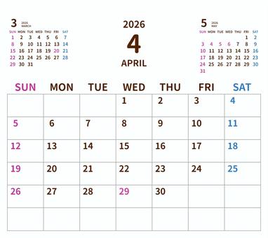 2026年シンプルカレンダー4月／卓上 2026年カレンダー,カレンダー,2026,令和8年,月間カレンダー,シンプル,透過,オリジナル,自作,かわいいのイラスト素材