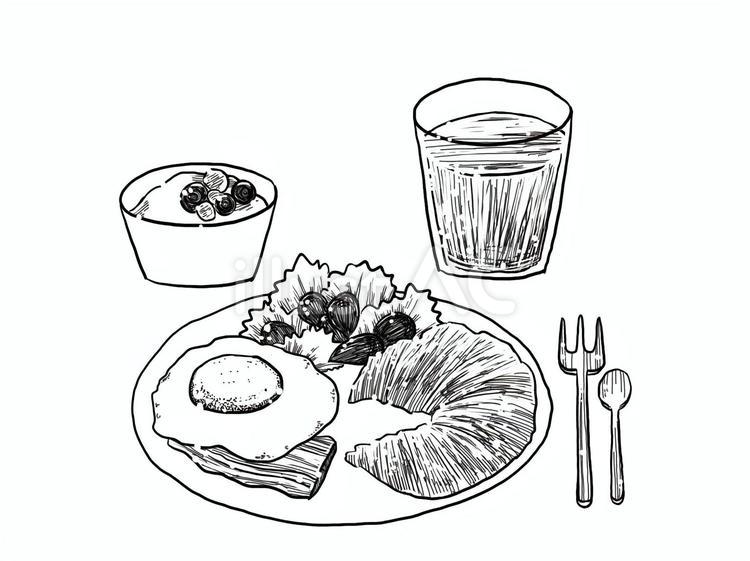 洋風の朝食、白黒 朝食,クロワッサン,目玉焼きのイラスト素材