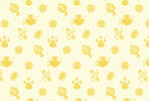 ハガキサイズの和柄の宝づくしのイエロー 背景,和風,和柄,イエロー,宝づくし,縁起物,吉祥柄,紗綾形,年賀状,日本のイラスト素材