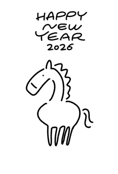 かわいい馬のモノクロ年賀状　2026 馬,年賀状,手描き,シンプル,ウマ,うま,午年,馬年,午,手書きのイラスト素材