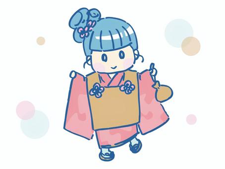 3歳の七五三衣装を着たルンルン女の子 七五三,着物,女の子,3歳,かわいい,ブルー,ピンク,笑顔,ご機嫌,嬉しいのイラスト素材