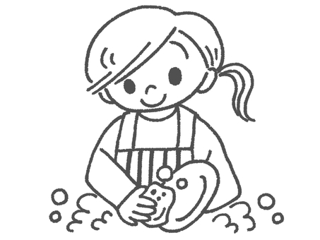 皿洗いをする女性（白黒） 皿洗い,食器,洗う,女性,家事,スポンジ,お皿,洗剤,泡,水のイラスト素材