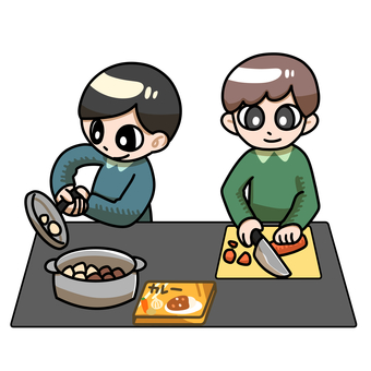 カレーを作る小学生 小学生,子供,カレー,料理,食べ物,鍋のイラスト素材