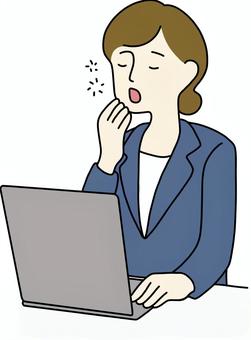 パソコン作業する女性　茶髪　あくび パソコン,タイピング,デスクワーク,仕事,テレワーク,在宅勤務,オンライン,会社員,大人,日本人のイラスト素材