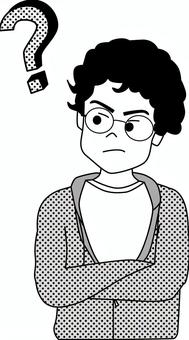 男の子疑問 男の子,小学生,眼鏡,くせ毛,表情,シンプル,疑問,考える,コミカル,ドットのイラスト素材