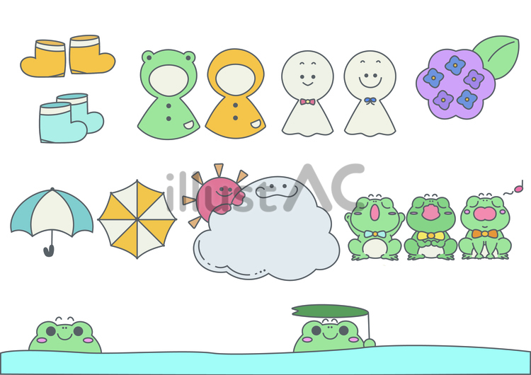 梅雨や雨の日に使える素材 カエル,カエルの合唱,傘のイラスト素材