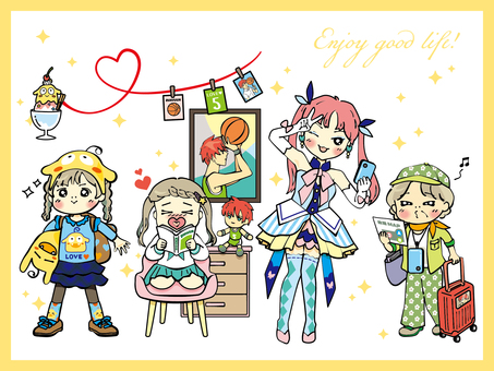 エンジョイ!推し活ライフ♡ エンジョイ!推し活ライフ♡ 推し活,女の子,おばあちゃん,おしゃれ,パフェ,ポスター,本,椅子,箪笥,ぬいぐるみのイラスト素材