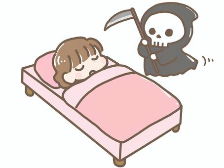 寝ている女の子に近寄る死神 死神,寝る,女の子,人物,ベッド,就寝,すやすや,近付く,近寄る,危機のイラスト素材