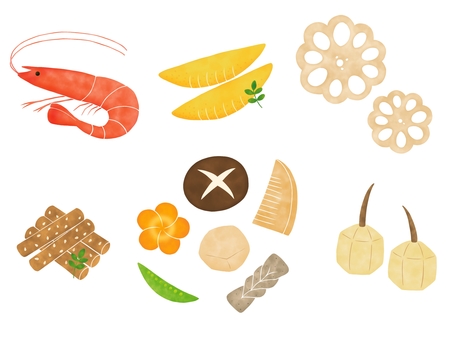 おせち料理の中身2 おせち料理,正月,海老,数の子,酢れんこん,たたきごぼう,煮しめ,筑前煮,くわい,料理のイラスト素材