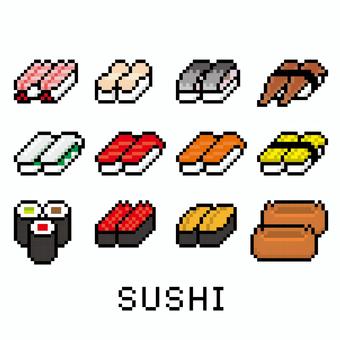 すし　ドット絵 すし,まぐろ,サーモン,いか,たまご,えび,ほたて,シメサバ,あなご,うにのイラスト素材