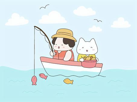 船で釣り 船,釣り,ボート,魚,海,釣竿,雲,人,キャラクター,カモメのイラスト素材