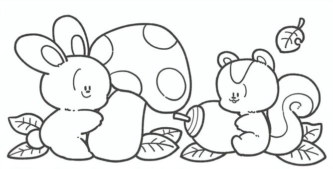 秋の動物たちの白黒手描きイラスト 秋,動物,うさぎ,リス,きのこ,モノクロ,白黒,植物,手描き,かわいいのイラスト素材