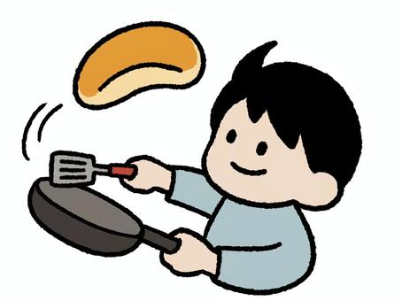 ホットケーキをひっくり返す少年 ホットケーキ,ひっくり返す,焼く,パンケーキ,少年,男の子,中学生,高校生,ゆるい,かわいいのイラスト素材