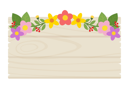 白い木目模様の板に花飾り 看板,木目,木,掲示板,メッセージボード,お知らせ,伝言板,案内,案内板,白のイラスト素材