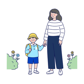 登園する幼児と母親のイラスト 人物,親子,登園,園児,幼稚園,保育園,お母さん,男の子,子ども,制服のイラスト素材