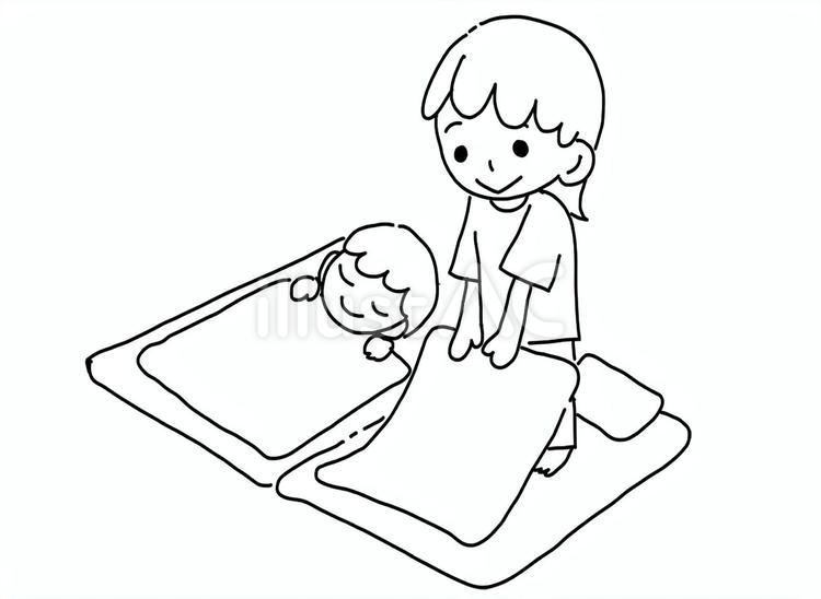 布団を敷いて寝ようとしている子ども白黒 人物,子ども,幼児のイラスト素材