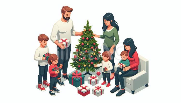 クリスマスを楽しむ家族 クリスマス,イブ,プレゼントのイラスト素材